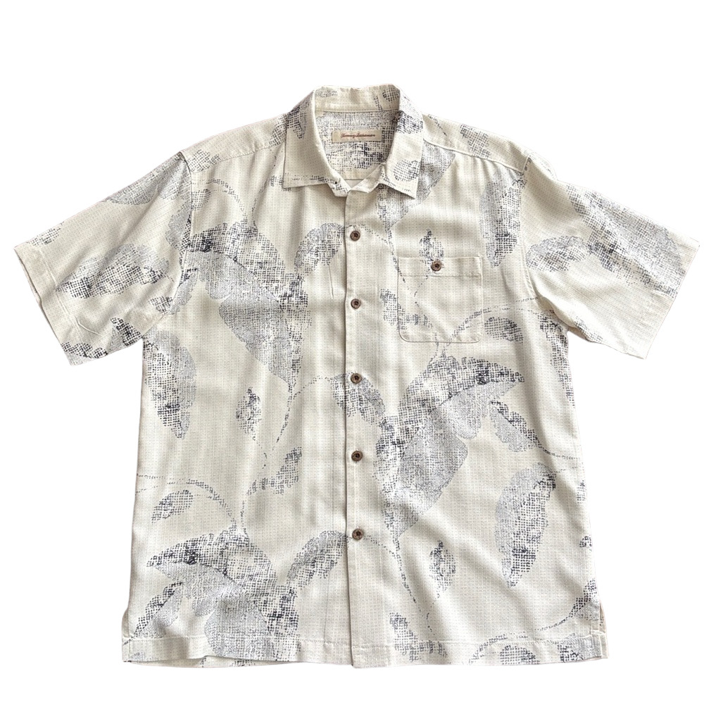 Tommy Bahama Men’s 100% Silk Cream Black Leaf Print Short Sleeve Shirt size L
